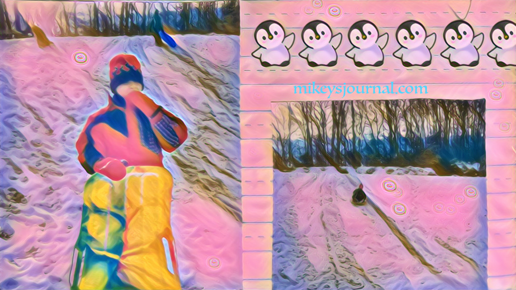 penguin cartoon images waving with photos of Mikey and Will sledding