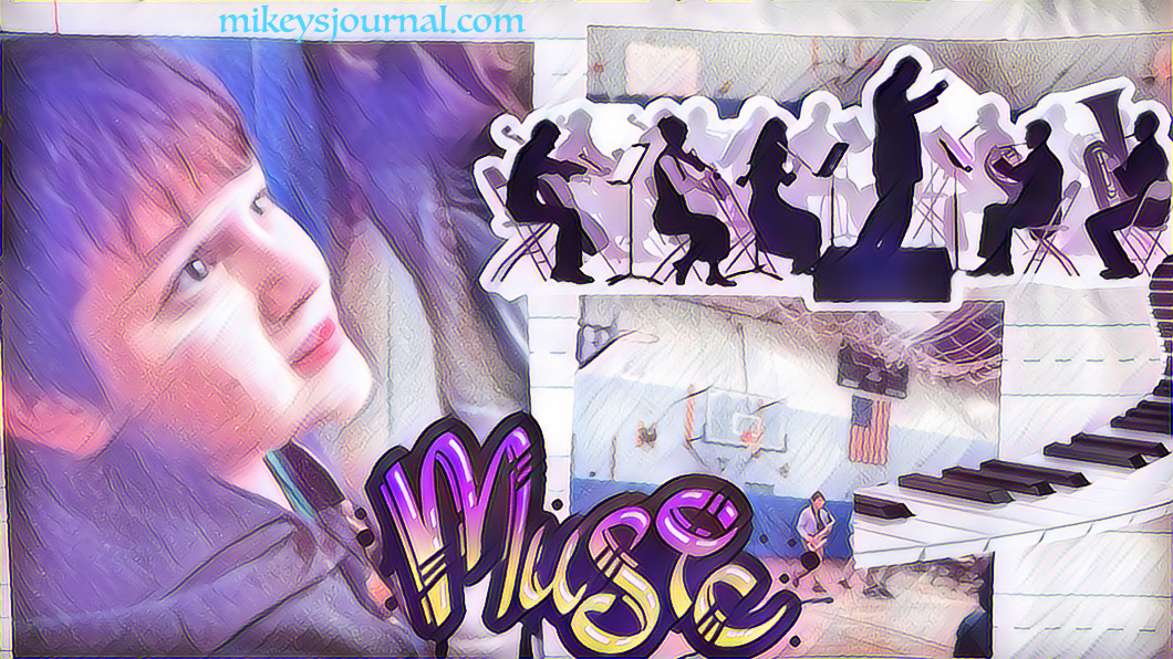 Mikey watching the concert in the middle school gym. All faces obscured with musical themed stickers except for Will walking in with his saxophone.