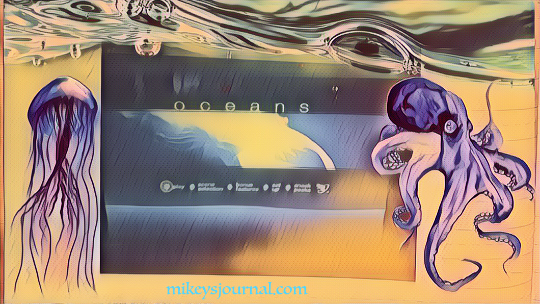 Photo of the DVD homepage of Disney oceans, sticker of a jellyfish and octopus with a filter to make it appear that the whole thing is under water.