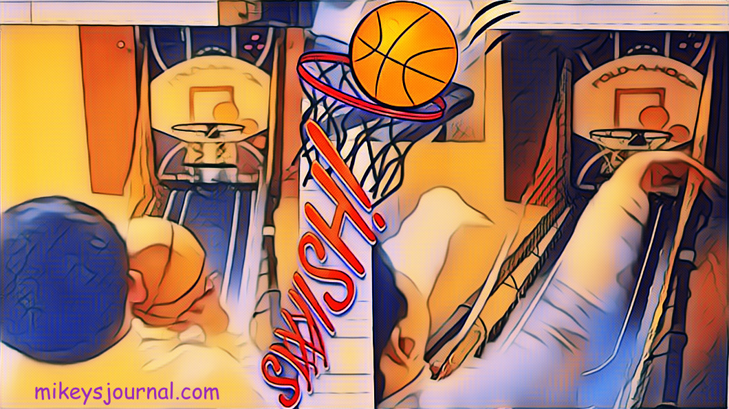 swish graphic with two stylized photos of Mikey shooting the basketball.
