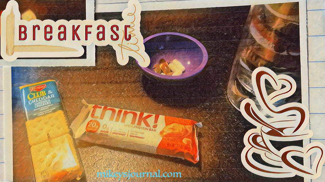 E57762AF-03C7-4699-9732-CEAED356E4EA think high protein bar, peanut butter flavor, Keebler club & cheddar cracker pack, vitamins in a little purple bowl and a tervis cup with water
