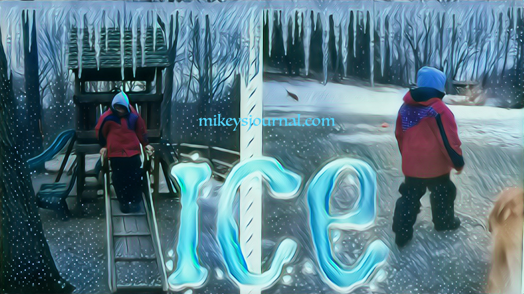 ice covered swingset and backyard. Mikey bundled up and walking around.