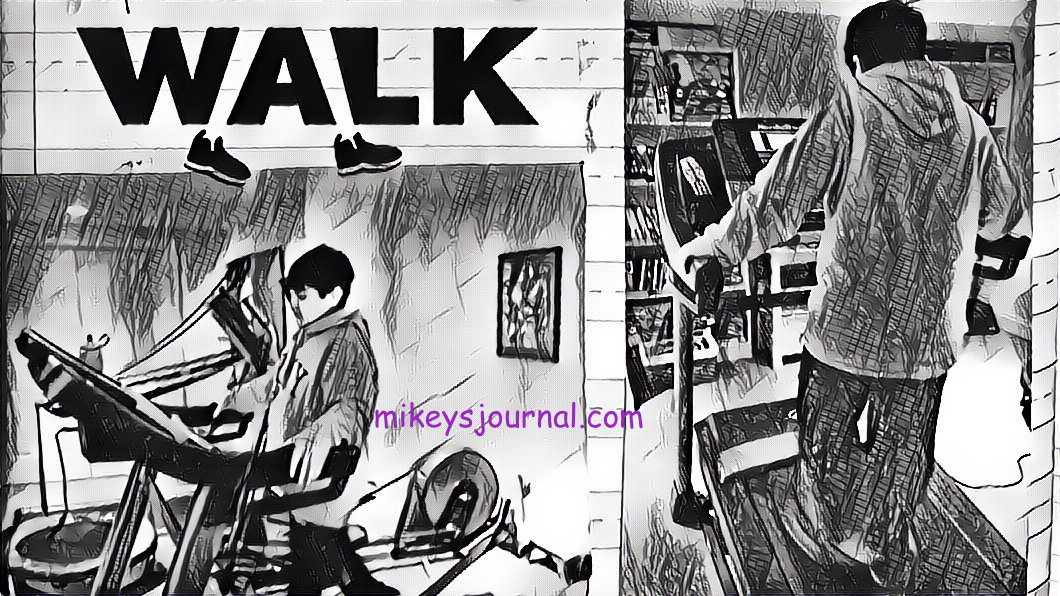 black and white sketches of Mikey walking on the treadmill, side view and from behind