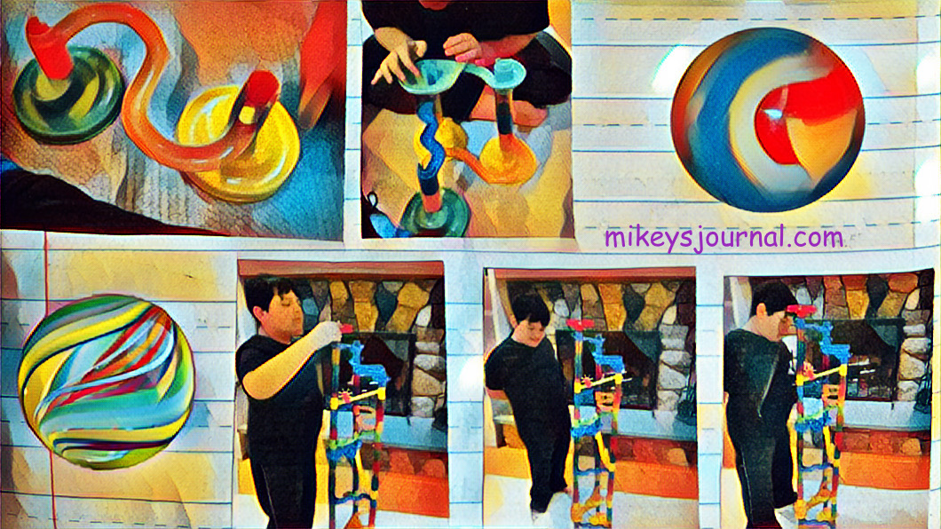 stylized photos of mikey doing his marble run and two close-ups of the cool marbles.