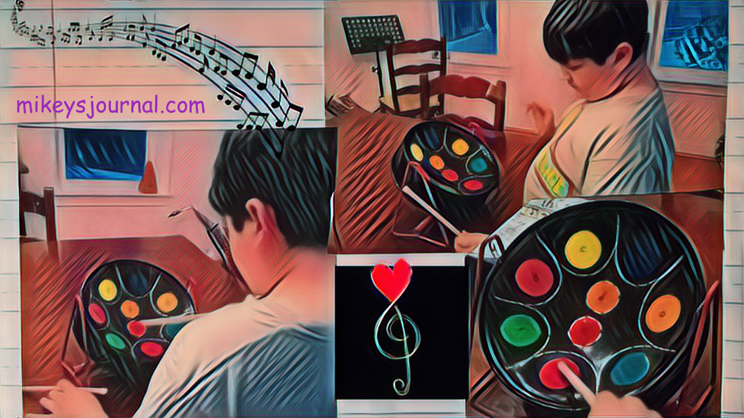 stylized photos of Mikey playing a small, black steel drum with colorful circles showing where to him for each note. He plays the drums with drumsticks.