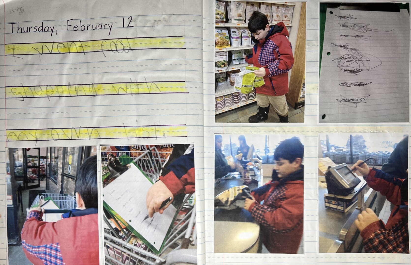 journal entry from Feb 12, 2015. "I went food shopping with my own list." 6 photos: getting the snap peas, the crossed off list, mikey pushing the cart, mikey crossing rice cakes off the list, mikey putting smart food popcorn on the checkout belt and mikey signing on the credit card pad