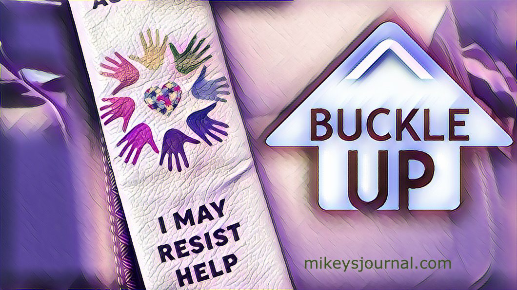 strap of seatbelt with a padded wrap on it. The wrap has a puzzle piece heart with multicolored hands. It says, Autism. I may resist help." Buckle up sign