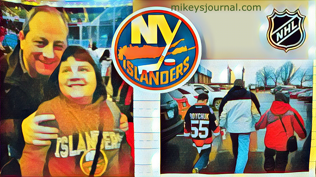 Dave and Mikey grinning ear to ear, the islanders logo, Will, Dave and Mikey walking into the Coliseum and the NHL logo.
