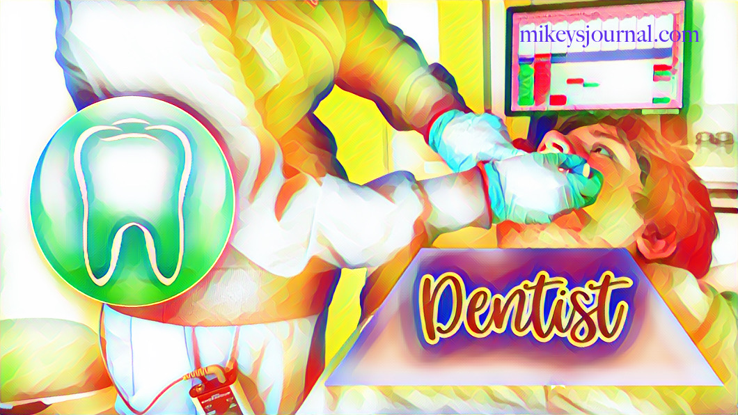 stylized photo of Mikey getting his dental examination, laying back in the chair, the dentist's gloved hands using a mirror and tool to look inside his mouth