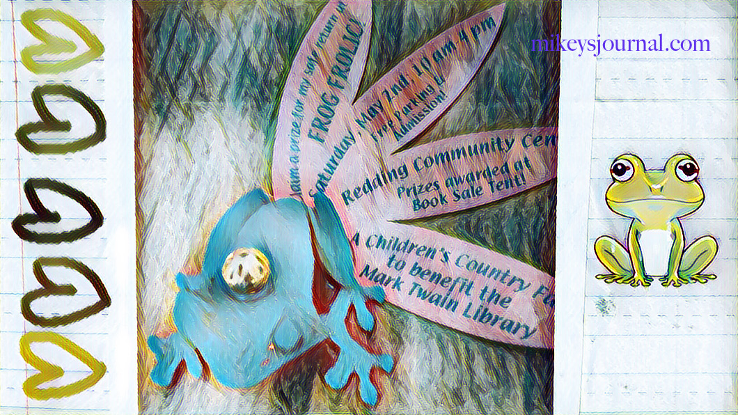 stylized photo of a 3D printed frog with information about our town fair, The Frog Frolic, cartoon frog and green hearts.