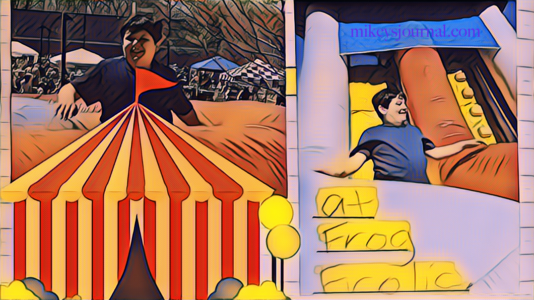 circus tent, smiling mikey, and Mikey on a giant inflatable slide.