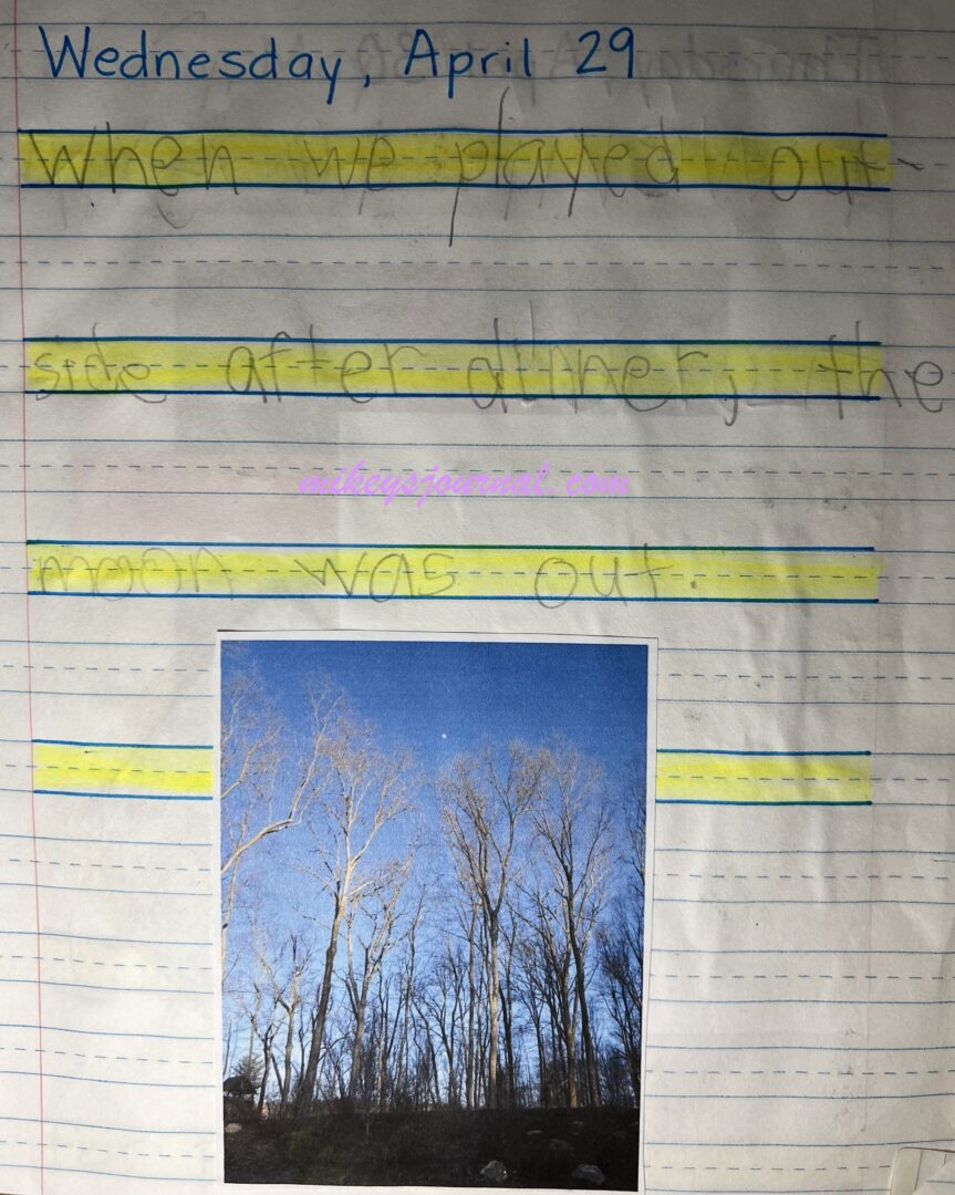journal entry for April 29 "When we played outside after dinner, the moon was out. Photo of the trees and sky with a tiny moon in the middle.