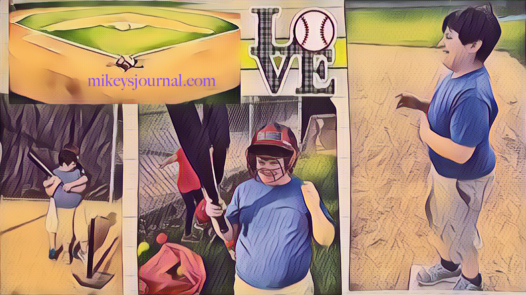 stylized photos of Mikey batting, smiling with his helmet on and standing on first base grinning