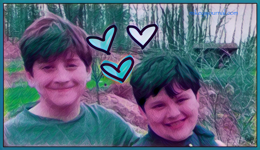 stylized photo of Will and mikey smiling with heart stickers above them.