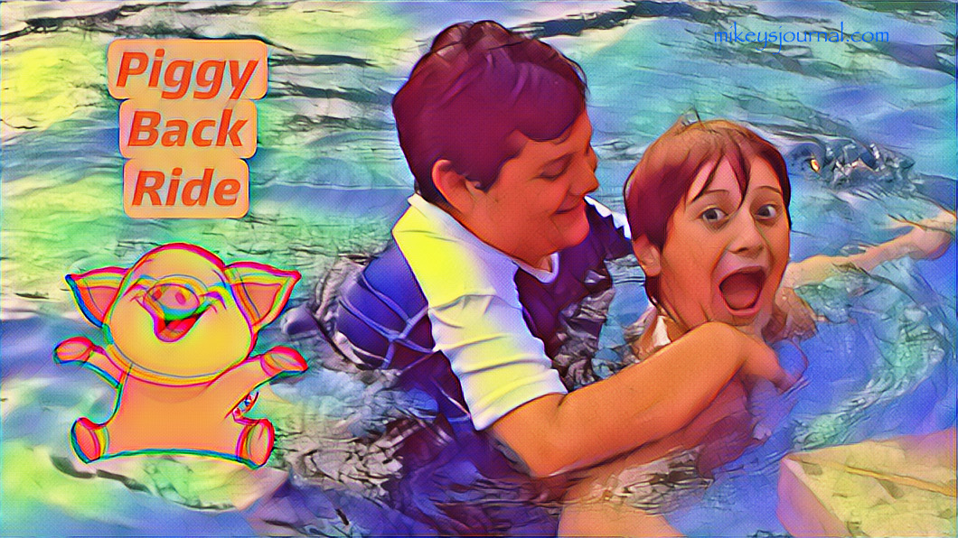 sticker of a happy pig and title: Piggy Back Ride, superimposed on a stylized photo of Will giving Mikey a piggyback ride, both so happy
