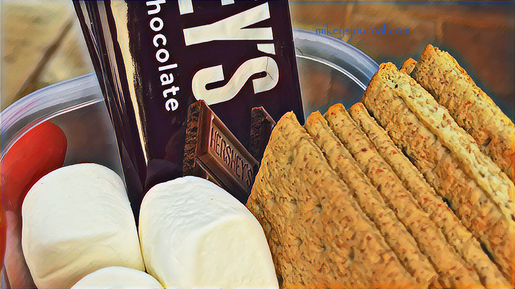 9346237D-3E34-4B28-B625-4BED1F492643 stylized photo of a Tupperware holding graham crackers, Hershey bars and marshmallows.