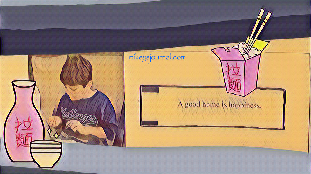 93F41AE1-DA18-4B54-87C3-D1D71DC3DF5C stylized photo of Mikey with Chinese food and his fortune: A good home is happiness.