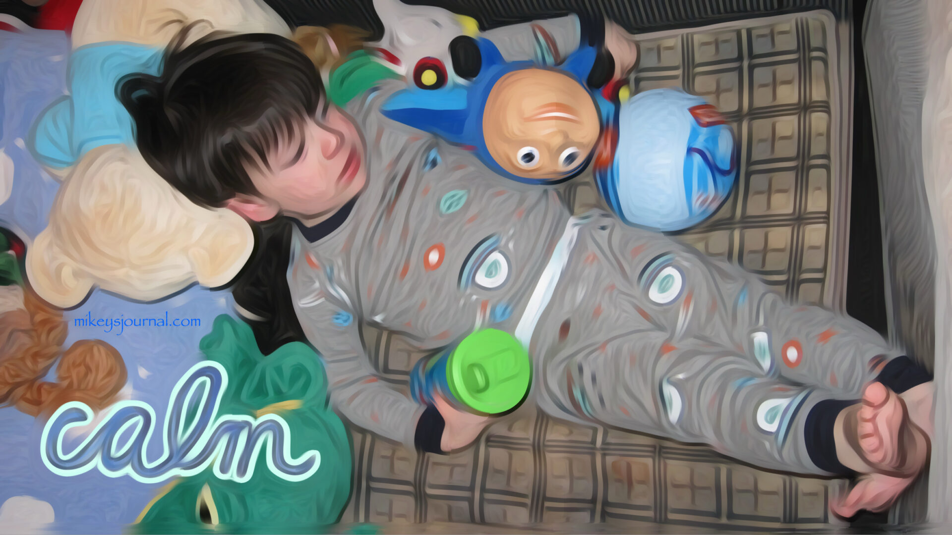 baby Mikey laying in his pack and play, surrounded by stuffed animals with his feet up holding a sippy cup, looking very chill.