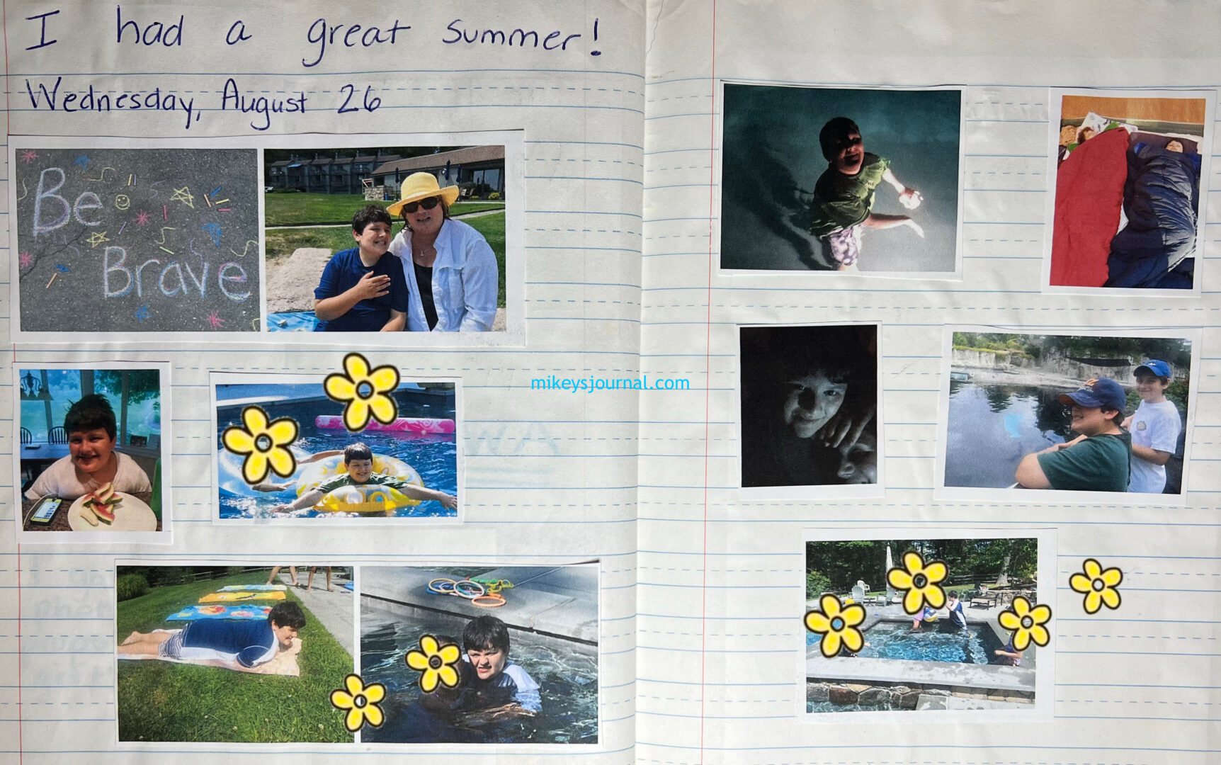 journal entry: "I had a great summer!" 10 photos from August showing various summer fun activities