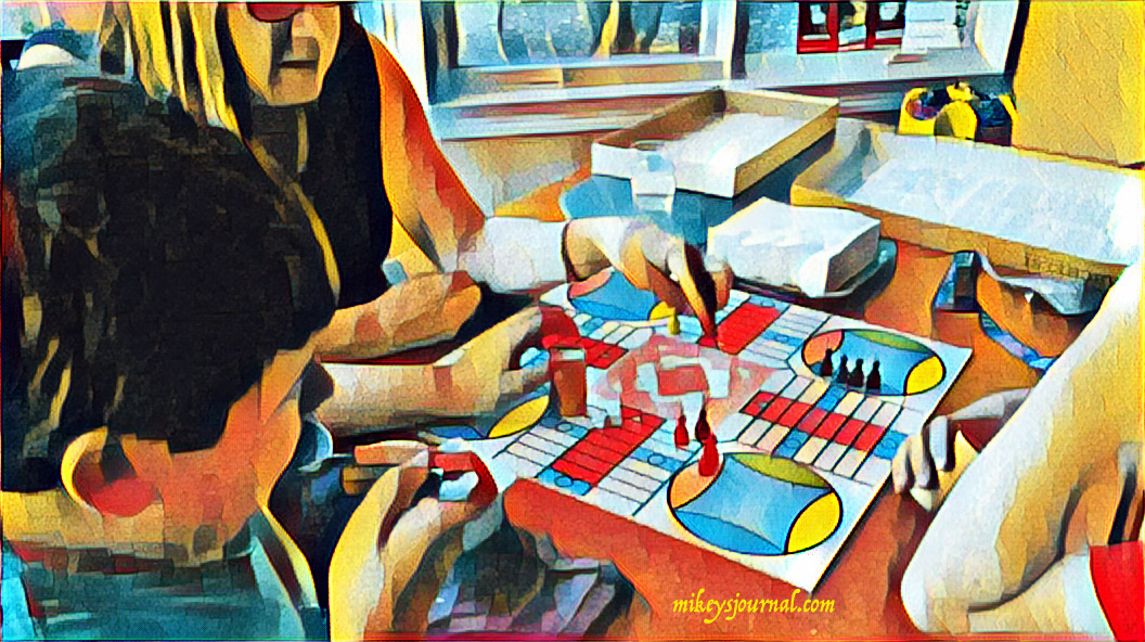 stylized photo of the parcheesi game in action.