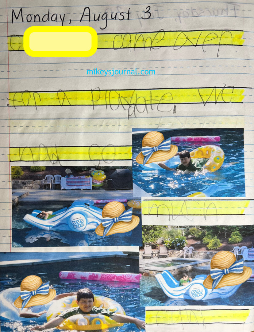 journal entry: C came over for a playdate. We had so much fun!4 photos of Mikey and his friend in the pool, friend's face obscured with summer hat stickers
