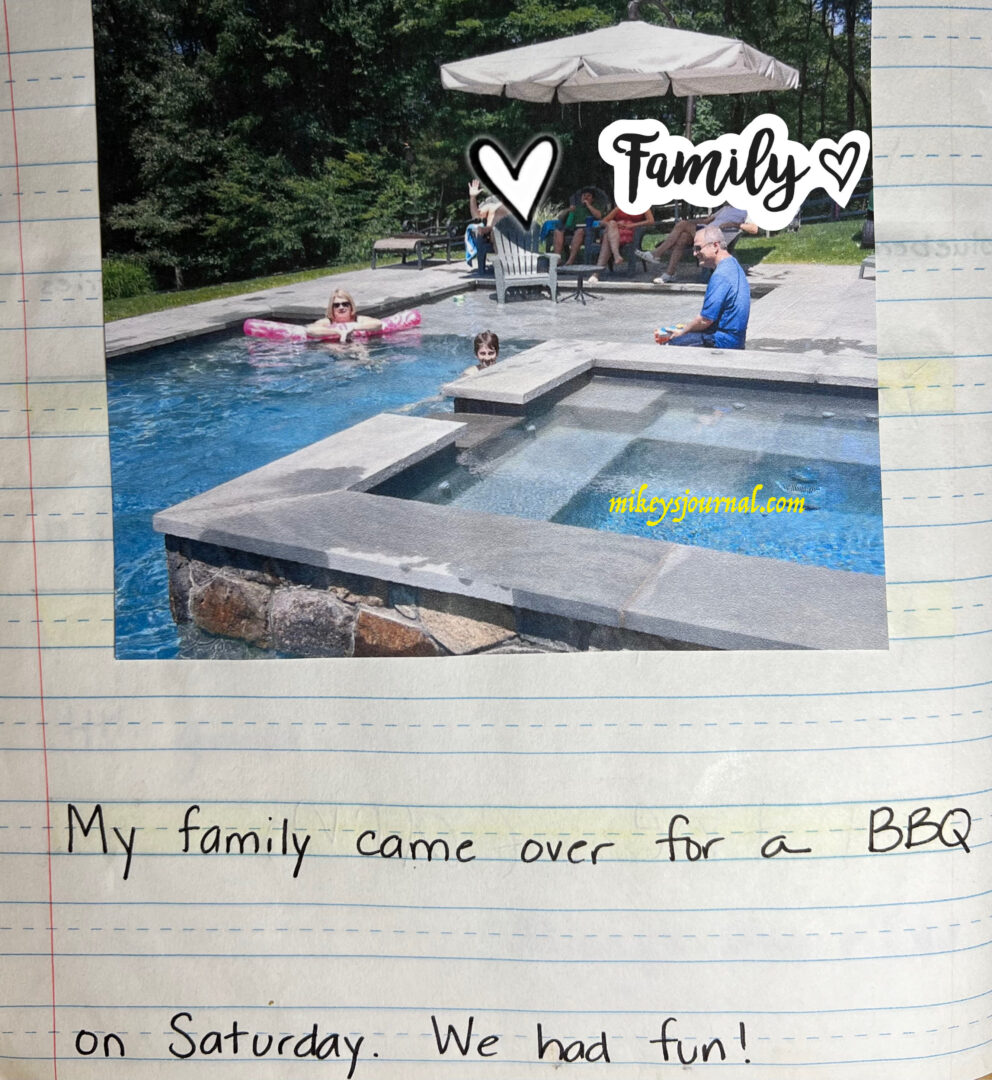 journal entry: 'My family came over for a BBQ on Saturday. We had fun. Mikey sitting in a chair under an umbrella with my step-dad, step-sister and brother-in-law. Will, Dave and Mimi in the pool. faces obscured with the title family and white hearts outlined in black.