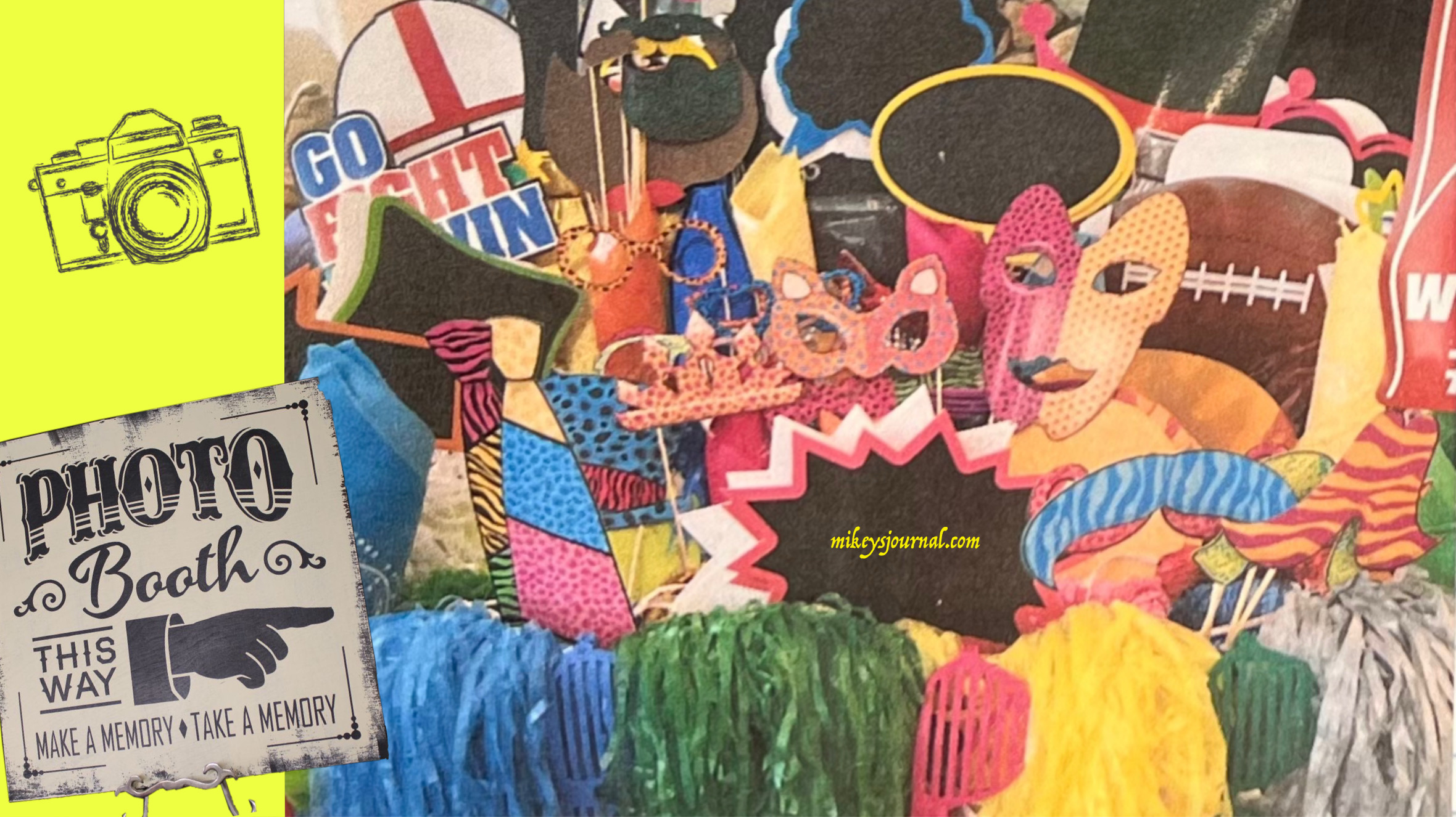 stylized photo of the box of Photo Booth props, including pompoms, masks, sunglasses, thought bubble signs, etc...