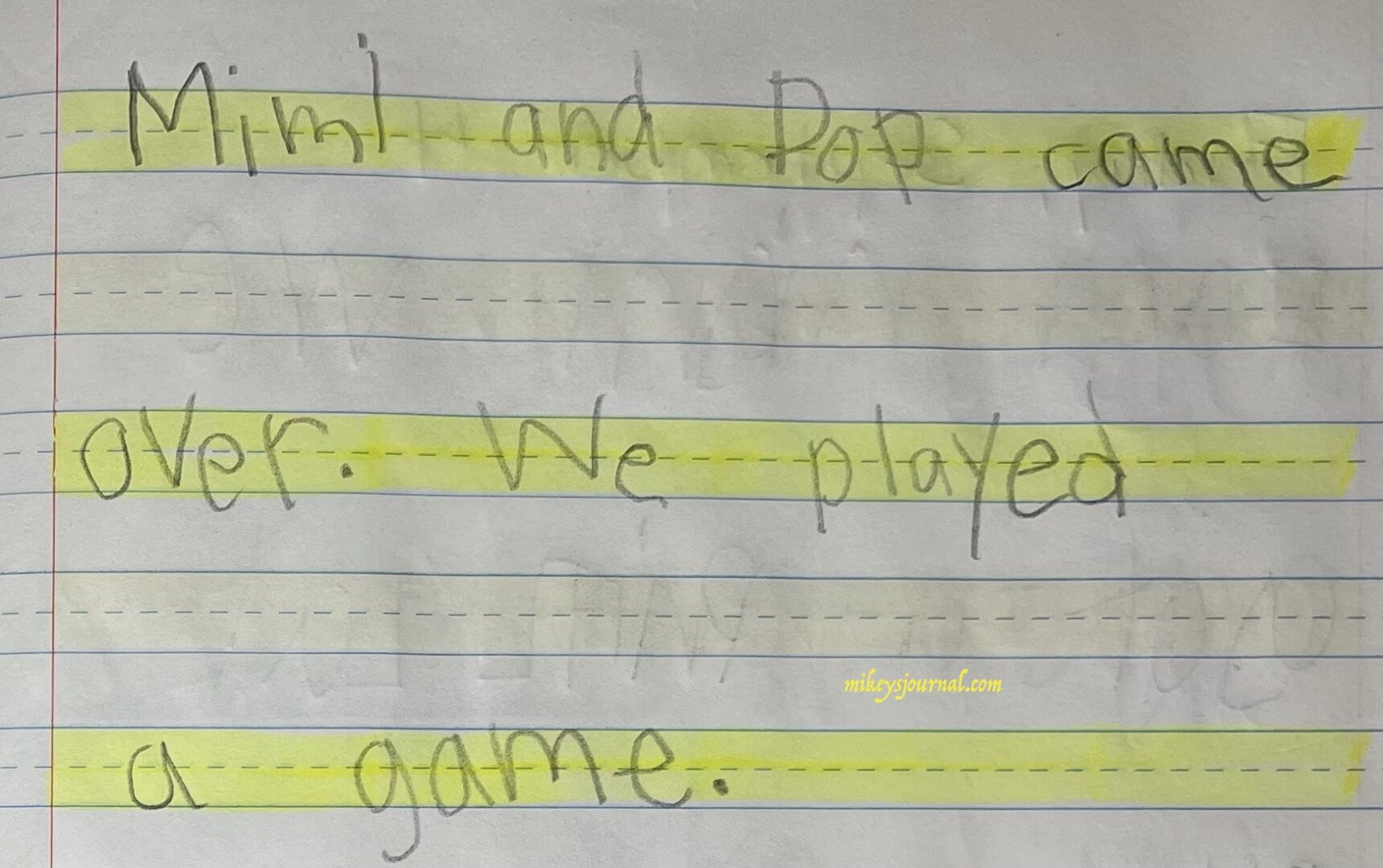 journal entry writing only: "mimi and pop came over. We played a game."