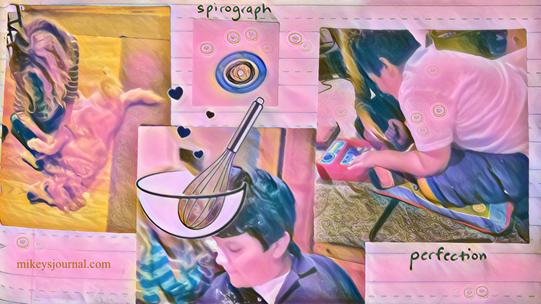 stylized photos of the playdate: baking, petting the dog and playing perfection, also one photo of a spirograph drawing the kids made