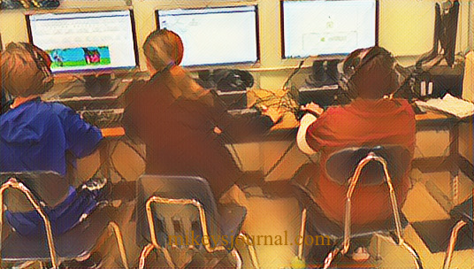 stylized photo of Mikey and two friends doing their typing program