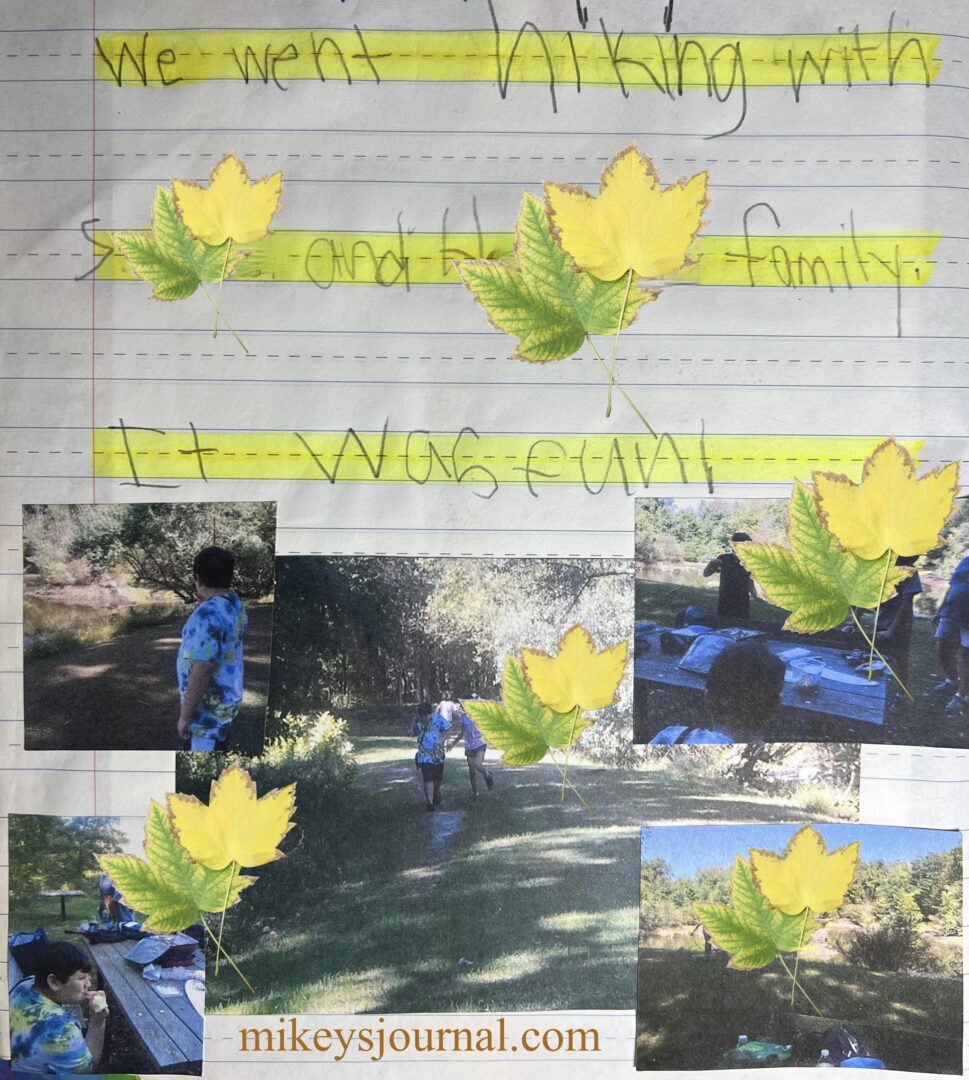 journal entry: "We went hiking with S and H's family. It was fun! Photo of S and Mikey holding hands while hiking, 2 photos of the kids having their picnic lunch, a photo of mikey hiking and Will fishing.