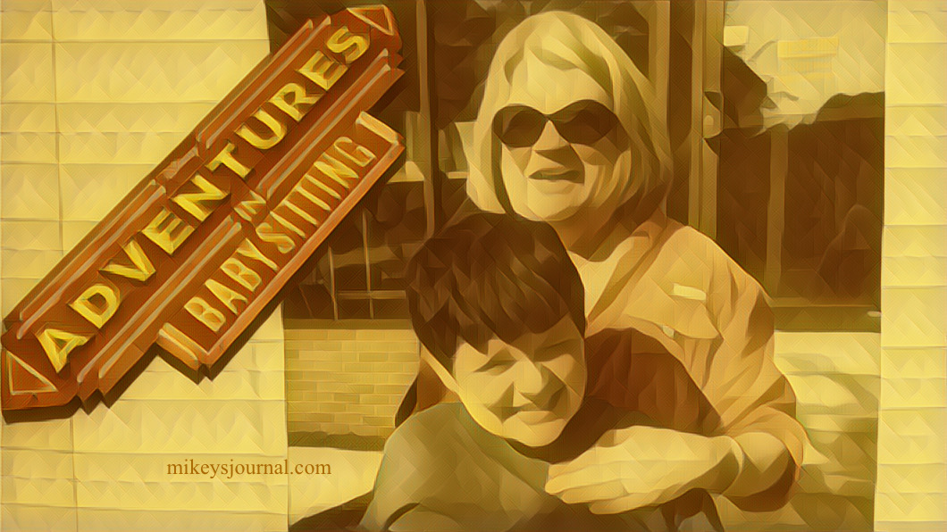 golden hued photo of mimi standing behind mikey, both smiling, old school Adventures in Babysitting sign added for fun