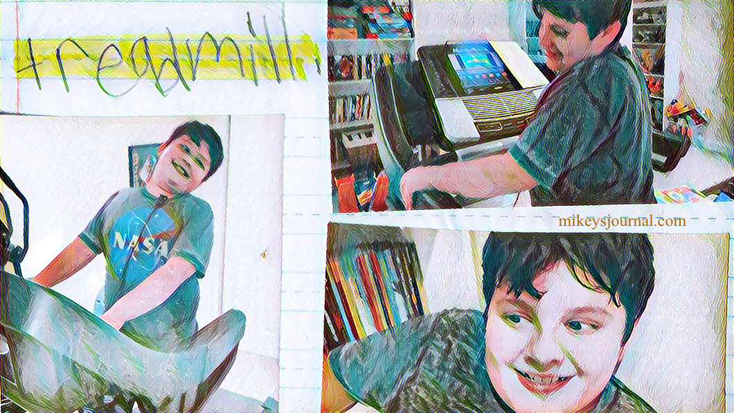 treadmill written in Mikey's handwriting, 3 photos of a smiling mike doing the treadmill.