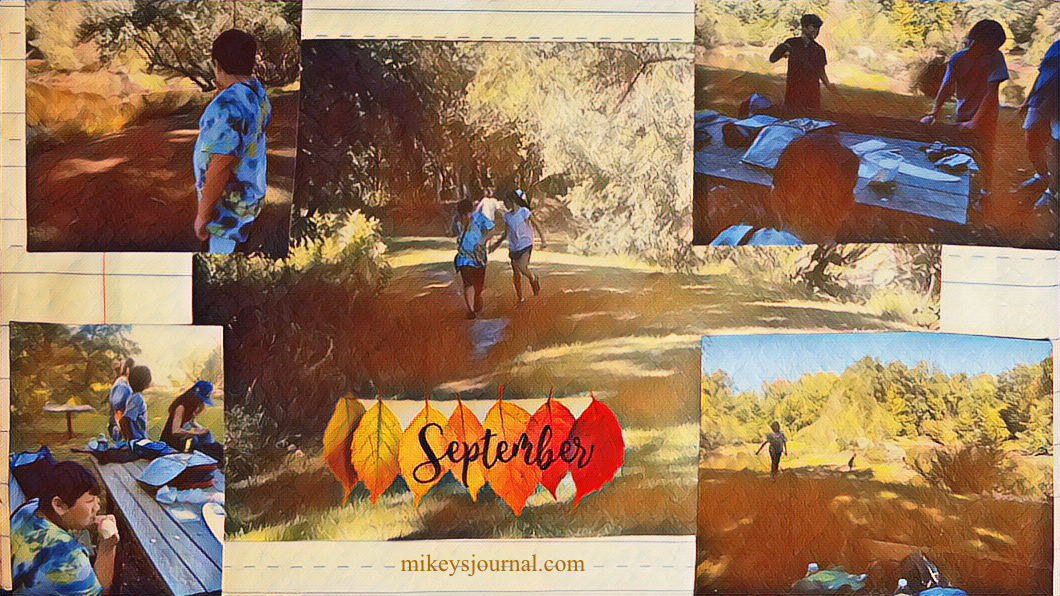 stylized photos of friends hiking and picnicking. September sign on changing leaves.