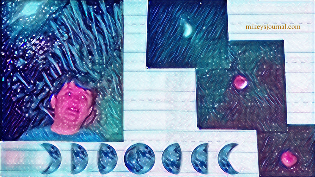 stylized photo of the journal page photos with Mikey posing with the eclipse behind him and some phases of the eclipse captured in 3 photos.