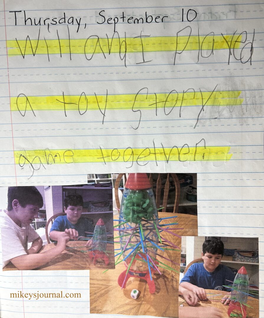 September 10, "Will and I played a Toy Story game together." 3 photos: the game and each boys taking a turn pulling a stick.