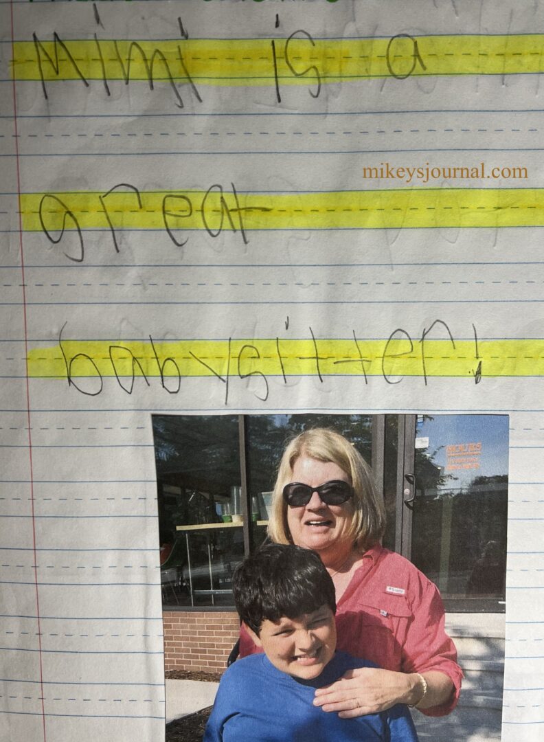 journal entry. Mimi is a great babysitter! photo of Mimi and Michael posing in front of a yogurt shop.
