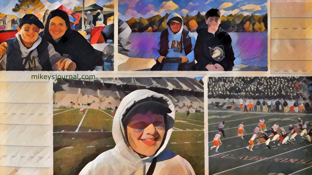 stylized photos from the day, smiling faces, army gear and football