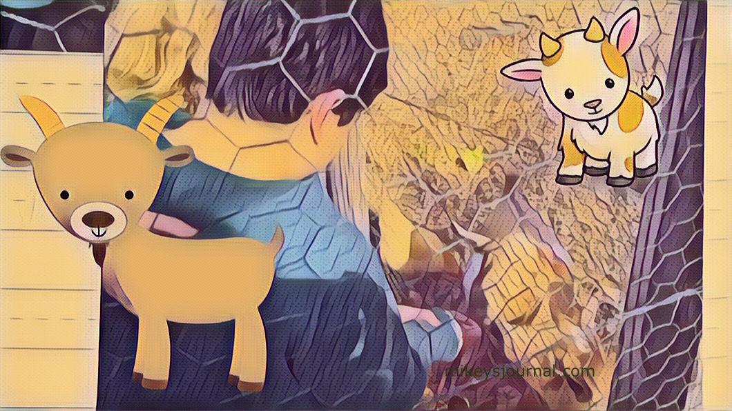 stylized photo of Mikey and his friend A feeding her goats with two cartoon goat stickers added for effect