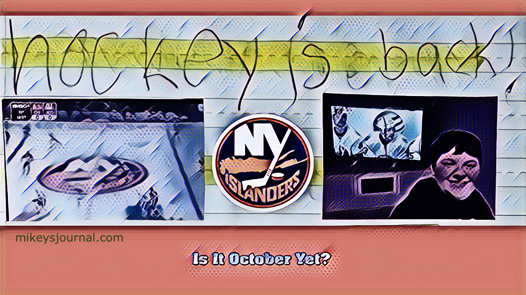 7C1E48DF-45AC-45B2-829A-2897C6FA429A 'hockey is back!' written in kid handwriting, the islanders logo in the center of the ice and Mikey posing in front of the TV picturing islanders players on the bench.