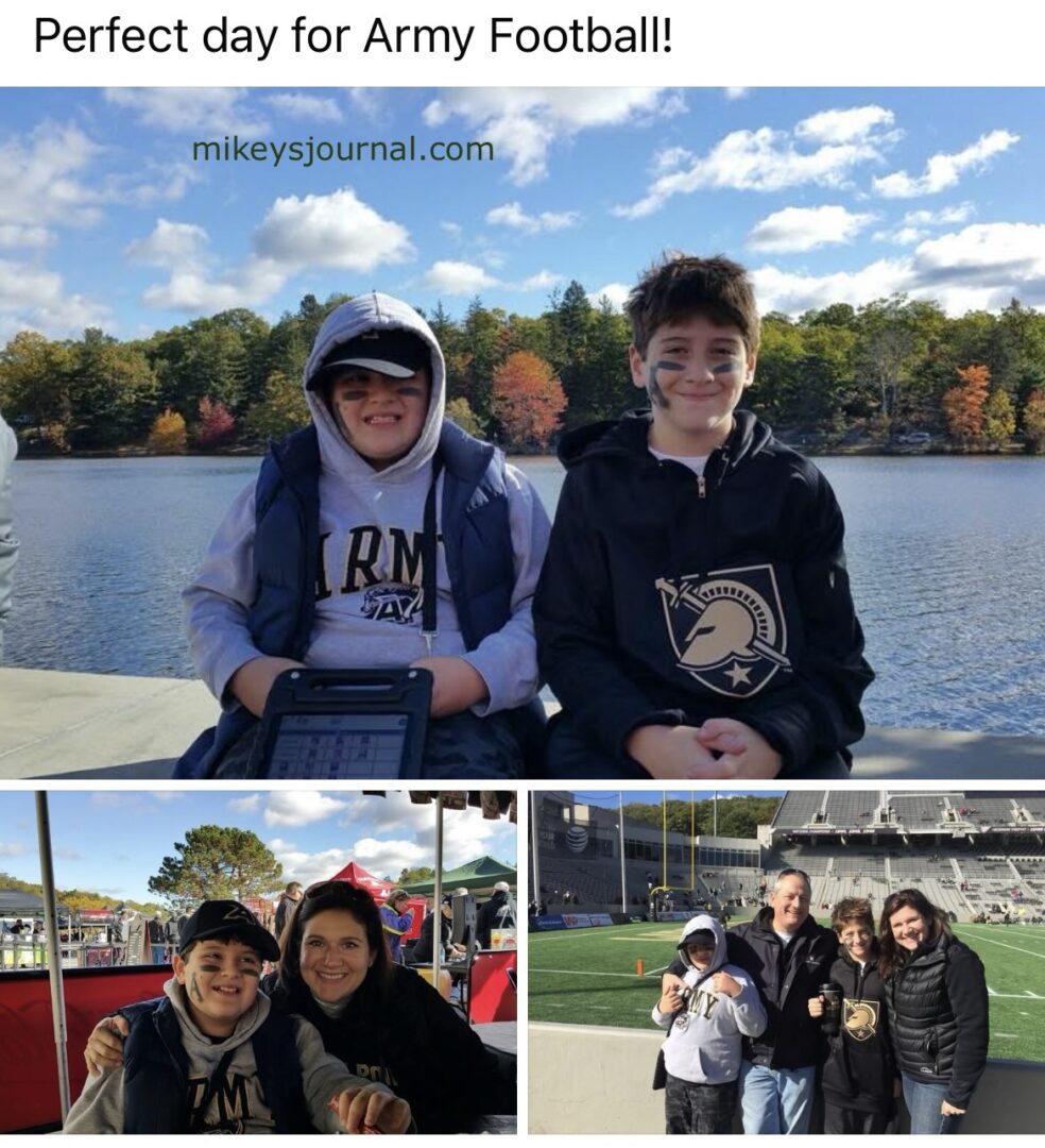 my Facebook post 'Perfect day for Army Football' 3 happy photos from the day: Will and Mikey with the river and the changing leaves in the background, Mikey and I smiling at a tailgate tent, our family posing with the field in the background.