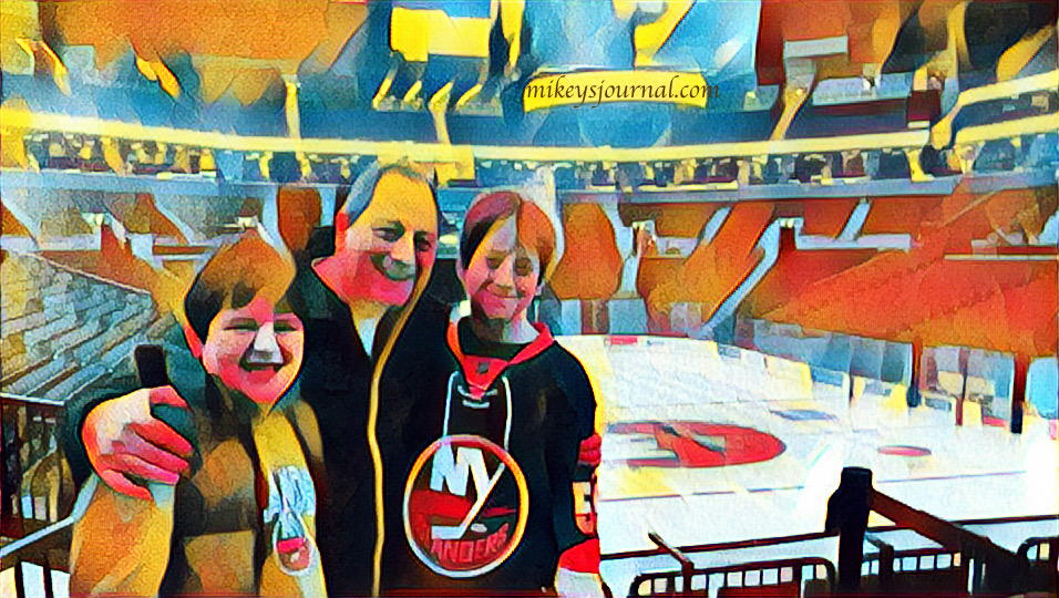 stylized photo of Dave Will and Mikey smiling with the Barclays Arena ice behind them.
