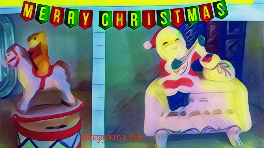 Two stylized photos of music boxes ( a bear riding a rocking horse on a drum and a santa playing a guitar on a piano). Merry Christmas banner hanging across the top.