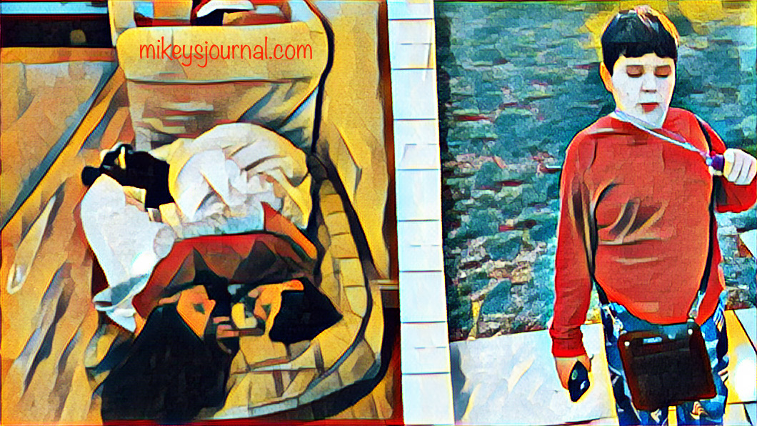 stylized photo of Mikey blowing bubbles outside with his talking ipad across his body and stylized photo of Mikey and Aunt K cuddled up on the dog bed being silly