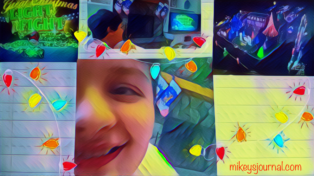 F4BC18B4-7BA0-445C-B4ED-0D3B858657AA stylized photos of Mikey watching the great christmas light fight with stickers of Christmas lights added for fun