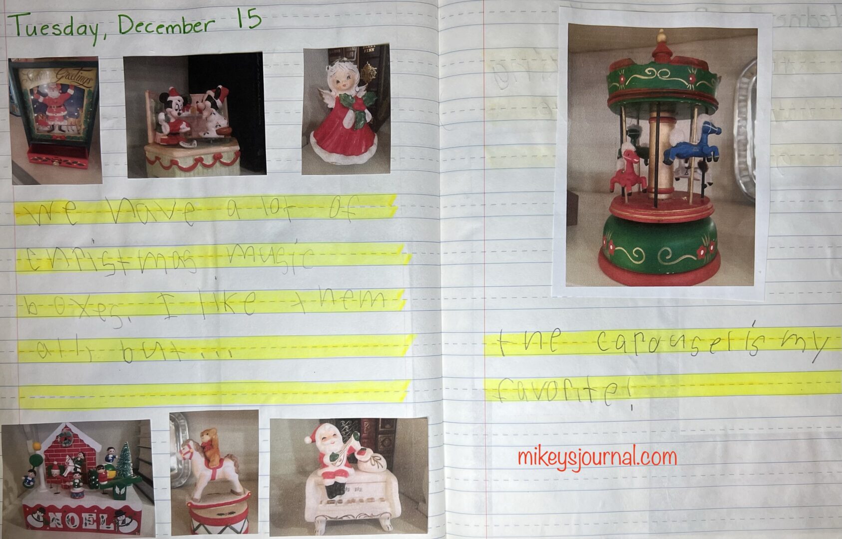 journal entry: “we have a lot of christmas music boxes. I like them all, but…the carousel is my favorite!” 5 photos: dancing sants, minnie and mickey decorating for Christmas, christmas angel, santa’s workshop scene, bear on a rocking horse and santa sitting on a piano. Set apart, a christmas carousel