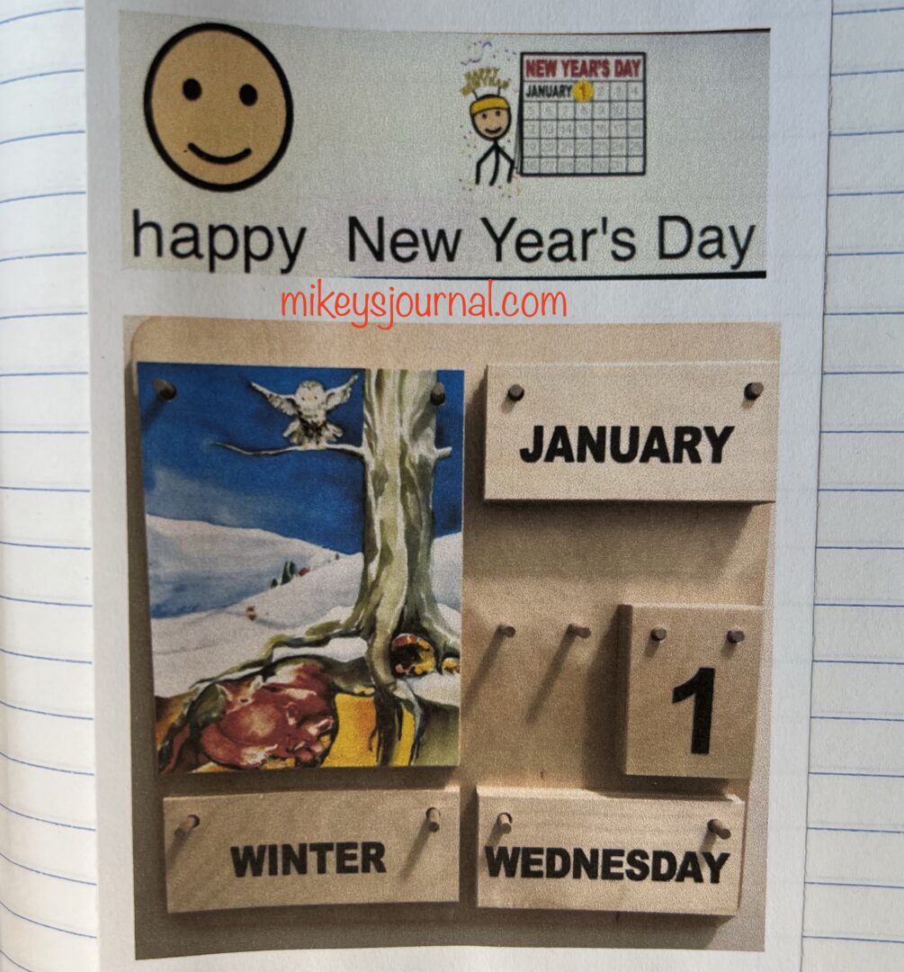 symbols and words for Happy New Year’s Day! wooden calendar with a winter scene, the word winter, January 1 and wednesday.