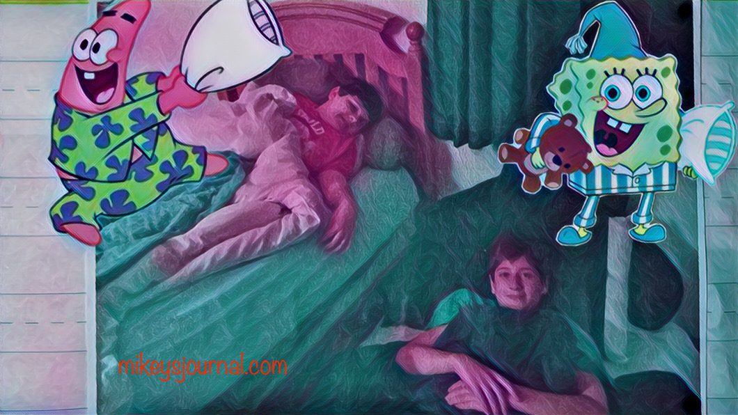 stylized photo of mikey in his twin bed and will on a mattress on the floor next to him, stickers of spongebob and patrick in their jammies