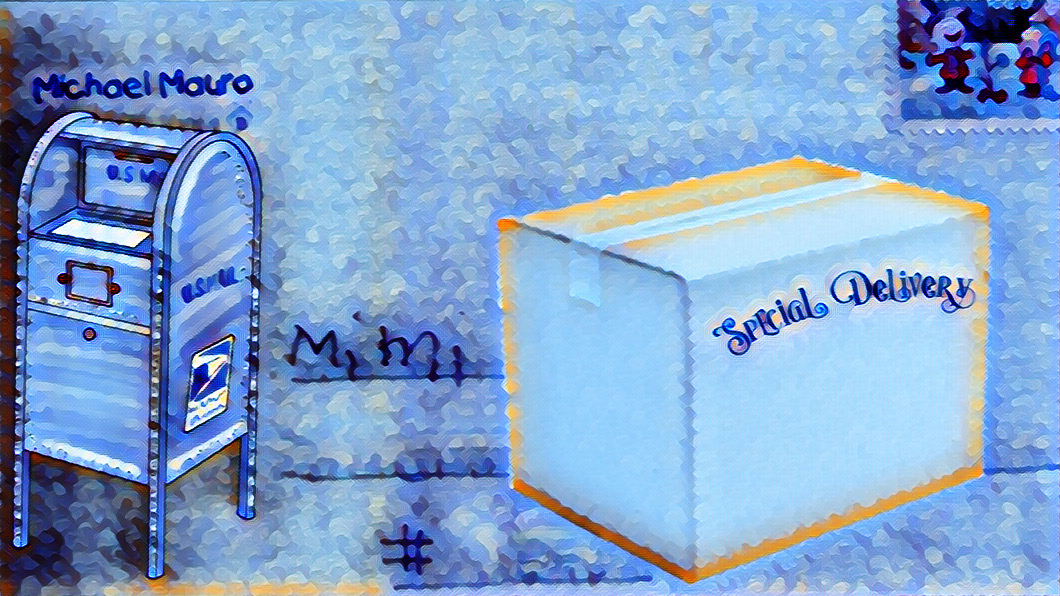 wintery envelope with a Charlie Brown Christmas stamp, Mailbox sticker and special delivery box sticker used to cover the address and return address.