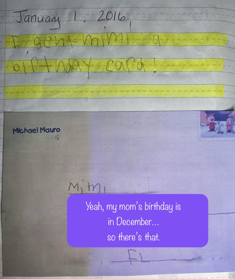 journal entry for January 1, 2016. “i sent mimi a birthday card!” photo of envelope with a charlie brown christmas stamp. A purple rectangle covering my mom’s address with the message, “yeah, my mom’s birthday is in December, so there’s that."